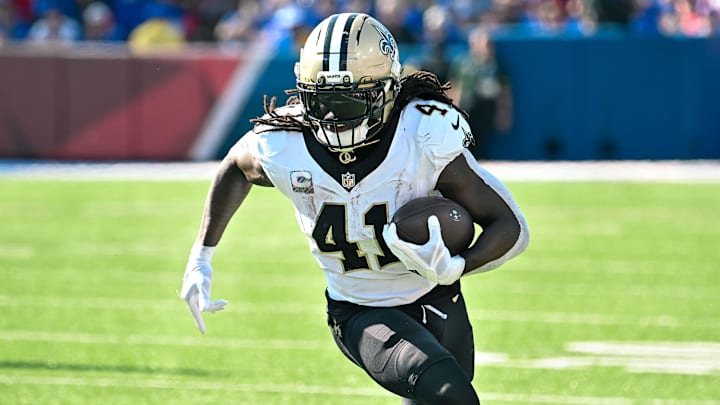 Sep 28, 2025; Orchard Park, New York, USA; New Orleans Saints running back Alvin Kamara (41) carries the ball against the Buffalo Bills in the third quarter at Highmark Stadium. Mandatory Credit: Mark Konezny-Imagn Images Sep 28, 2025; Orchard Park, New York, USA; New Orleans Saints running back Alvin Kamara (41) carries the ball against the Buffalo Bills in the third quarter at Highmark Stadium. Mandatory Credit: Mark Konezny-Imagn Images