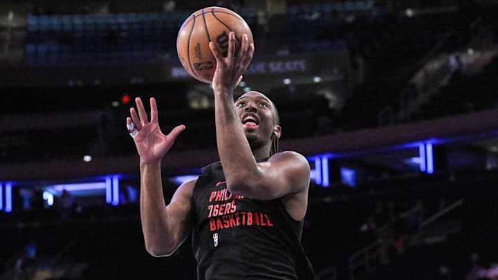 Apr 1, 2025; New York, New York, USA; Philadelphia 76ers guard Tyrese Maxey (0) warms up before a game against the New York Knicks at Madison Square Garden. Mandatory Credit: John Jones-Imagn Images