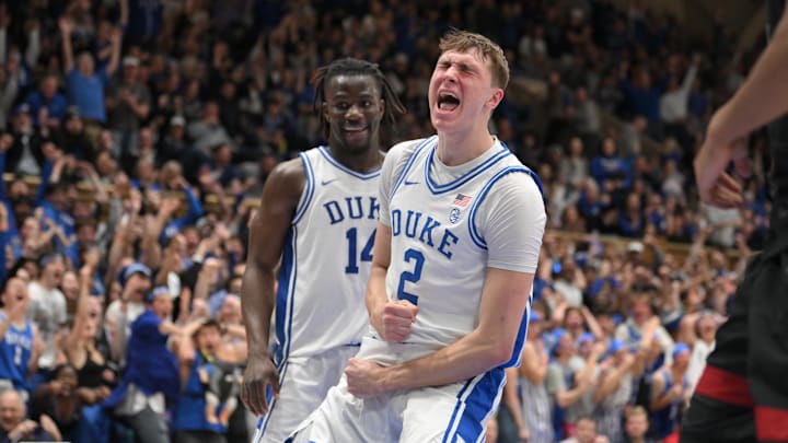 Feb 15, 2025; Durham, North Carolina, USA;  Duke Blue Devils forward Cooper Flagg (2) celebrating after dunking against the Stanford Cardinal during the second half at Cameron Indoor Stadium. Mandatory Credit: Zachary Taft-Imagn Images