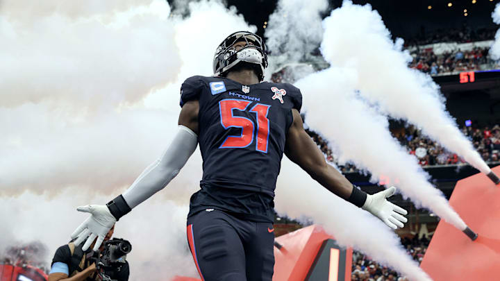 Dec 25, 2024; Houston, Texas, USA;  Houston Texans defensive end Will Anderson Jr. (51) runs onto the field before the game against the Baltimore Ravens at NRG Stadium. Mandatory Credit: Troy Taormina-Imagn Images