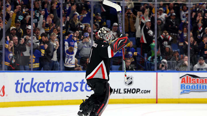 Mar 28, 2026; Buffalo, New York, USA;  Buffalo Sabres goaltender Ukko-Pekka Luukkonen (1) reacts after winning the game in a shootout against the Seattle Kraken at KeyBank Center. Mandatory Credit: Timothy T. Ludwig-Imagn Images