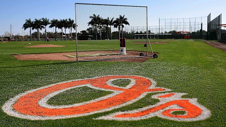 Feb 17, 2019; Sarasota, FL, USA; A general view of the Baltimore Orioles logo on the practice fields at Ed Smith Stadium. Feb 17, 2019; Sarasota, FL, USA; A general view of the Baltimore Orioles logo on the practice fields at Ed Smith Stadium.
