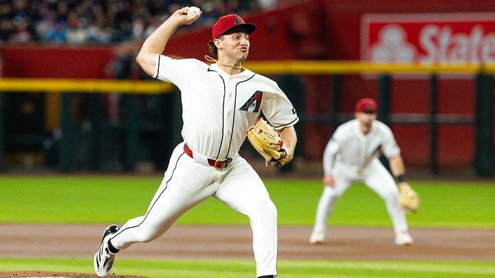 Aug 31, 2026; Phoenix, Arizona, USA; Arizona Diamondbacks pitcher Brandon Pfaadt in the first inning against the Philadelphia Phillies at Chase Field. Mandatory Credit: Mark J. Rebilas-Imagn Images