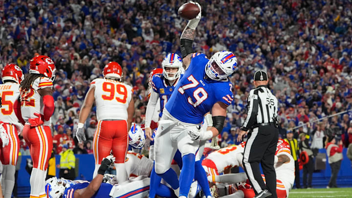 Nov 2, 2025; Orchard Park, New York, USA; Buffalo Bills tackle Spencer Brown (79) celebrates a touchdown against the Kansas City Chiefs at Highmark Stadium. Mandatory Credit: Gregory Fisher-Imagn Images
