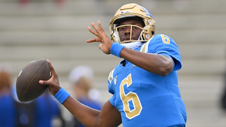 Sep 17, 2022; Pasadena, California, USA;  UCLA Bruins quarterback Justyn Martin (6) warms up before the game against the South Alabama Jaguars at the Rose Bowl. Mandatory Credit: Jayne Kamin-Oncea-Imagn Images