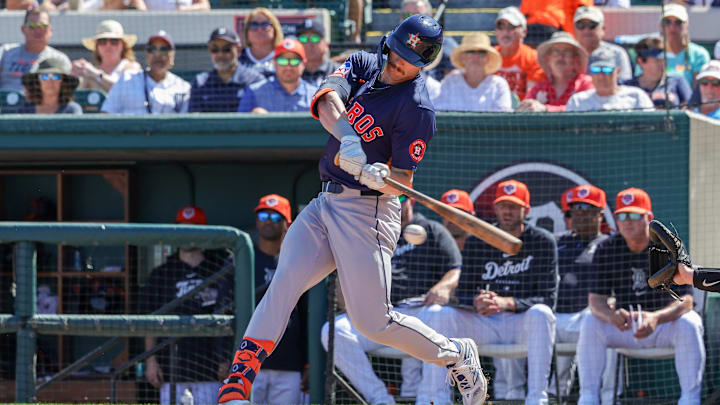 Feb 26, 2024; Lakeland, Florida, USA; Houston Astros designated hitter Jacob Melton (76) bats during the third inning against the Detroit Tigers at Publix Field at Joker Marchant Stadium. 