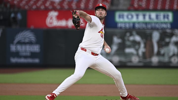 Sep 15, 2025; St. Louis, Missouri, USA; St. Louis Cardinals starting pitcher Matthew Liberatore (52) pitches against the Cincinnati Reds in the first inning at Busch Stadium. Mandatory Credit: Joe Puetz-Imagn Images