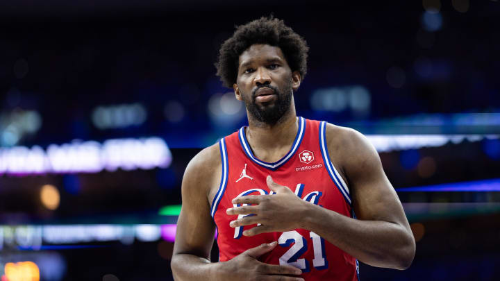 Apr 28, 2024; Philadelphia, Pennsylvania, USA; Philadelphia 76ers center Joel Embiid (21) looks on during the first half against the New York Knicks in game four of the first round in the 2024 NBA playoffs at Wells Fargo Center. Mandatory Credit: Bill Streicher-USA TODAY Sports