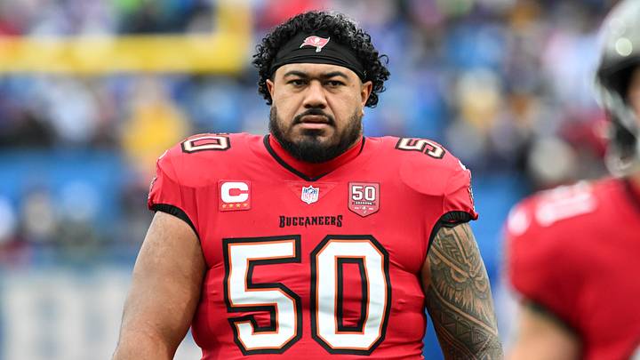 Nov 16, 2025; Orchard Park, New York, USA;  Tampa Bay Buccaneers defensive tackle Vita Vea (50) warms up prior to the game against the Buffalo Bills at Highmark Stadium. Mandatory Credit: Mark Konezny-Imagn Images
