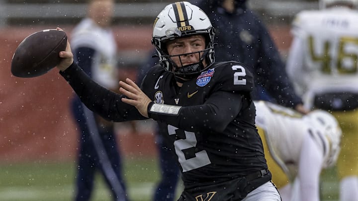 Dec 27, 2024; Birmingham, AL, USA; Vanderbilt Commodores quarterback Diego Pavia (2) warms up before the 2024 Birmingham Bowl at Protective Stadium