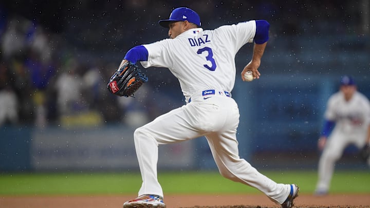 Mar 31, 2026; Los Angeles, California, USA; Los Angeles Dodgers pitcher Edwin Diaz (3) throws against the Cleveland Guardians during the ninth inning at Dodger Stadium. Mandatory Credit: Gary A. Vasquez-Imagn Images