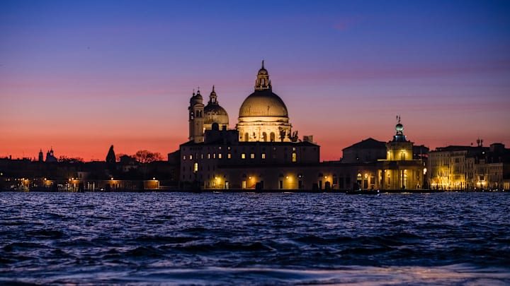 Basilica di Santa Maria della Salute at sunset, seen across...