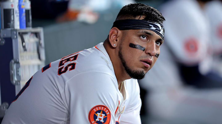 May 28, 2025; Houston, Texas, USA; Houston Astros third baseman Isaac Paredes (15) in the dugout against the Athletics during the fourth inning at Daikin Park. Mandatory Credit: Erik Williams-Imagn Images