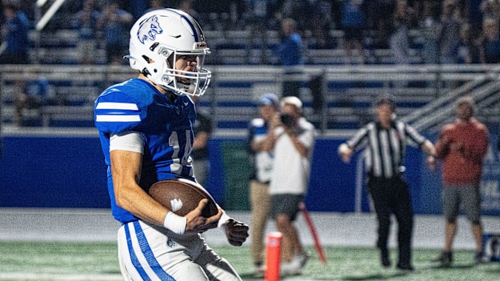 Waukee Northwest's Mack Heitland reacts after scoring a touchdown during a football game at Waukee Northwest High School on Friday, Oct. 17, 2025, in Waukee.