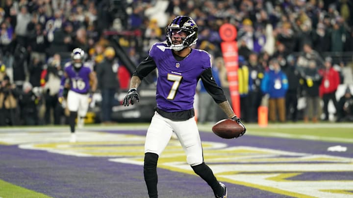 Jan 11, 2025; Baltimore, Maryland, USA; Baltimore Ravens wide receiver Rashod Bateman (7) celebrates after scoring a touchdown against the Pittsburgh Steelers in the first quarter in an AFC wild card game at M&T Bank Stadium. 
