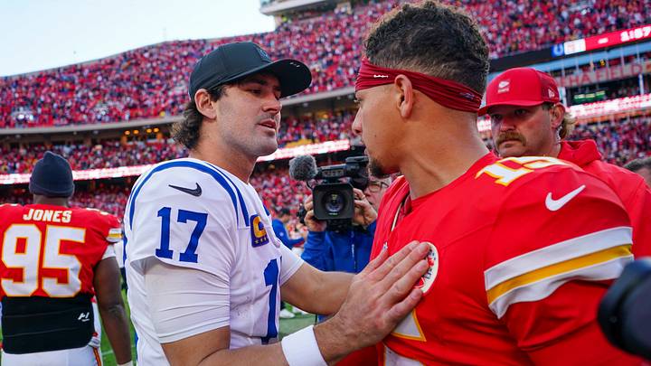 Nov 23, 2025; Kansas City, Missouri, USA; Indianapolis Colts quarterback Daniel Jones (17) and Kansas City Chiefs quarterback Patrick Mahomes (15) greet after the game at GEHA Field at Arrowhead Stadium. Mandatory Credit: Denny Medley-Imagn Images Nov 23, 2025; Kansas City, Missouri, USA; Indianapolis Colts quarterback Daniel Jones (17) and Kansas City Chiefs quarterback Patrick Mahomes (15) greet after the game at GEHA Field at Arrowhead Stadium. Mandatory Credit: Denny Medley-Imagn Images