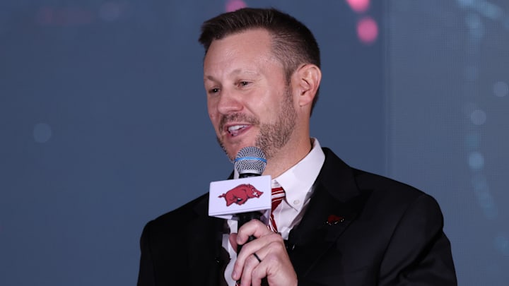 Arkansas Razorbacks football coach Ryan Silverfield during his introduction at a public celebration in the Walker Indoor Pavilion. 