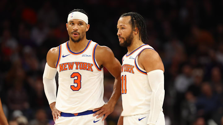 Nov 20, 2024; Phoenix, Arizona, USA; New York Knicks guard Josh Hart (3) and guard Jalen Brunson (11) against the Phoenix Suns at Footprint Center. Mandatory Credit: Mark J. Rebilas-Imagn Images Nov 20, 2024; Phoenix, Arizona, USA; New York Knicks guard Josh Hart (3) and guard Jalen Brunson (11) against the Phoenix Suns at Footprint Center. Mandatory Credit: Mark J. Rebilas-Imagn Images