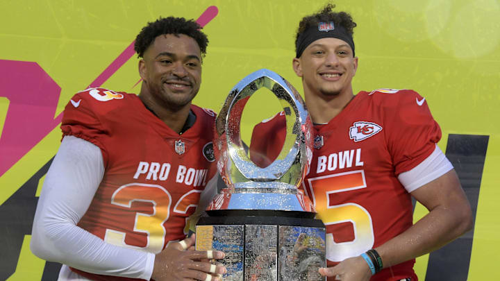 Jan 27, 2019; Orlando, FL, USA; AFC safety Jamal Adams (33) and quarterback Patrick Mahomes of the Kansas City Chiefs (15) pose with trophy after being selected as most valuable defensive and offensive players of the game in the NFL Pro Bowl football game at Camping World Stadium. AFC defeated the NFC 26-7. Mandatory Credit: Kirby Lee-Imagn Images Jan 27, 2019; Orlando, FL, USA; AFC safety Jamal Adams (33) and quarterback Patrick Mahomes of the Kansas City Chiefs (15) pose with trophy after being selected as most valuable defensive and offensive players of the game in the NFL Pro Bowl football game at Camping World Stadium. AFC defeated the NFC 26-7. Mandatory Credit: Kirby Lee-Imagn Images