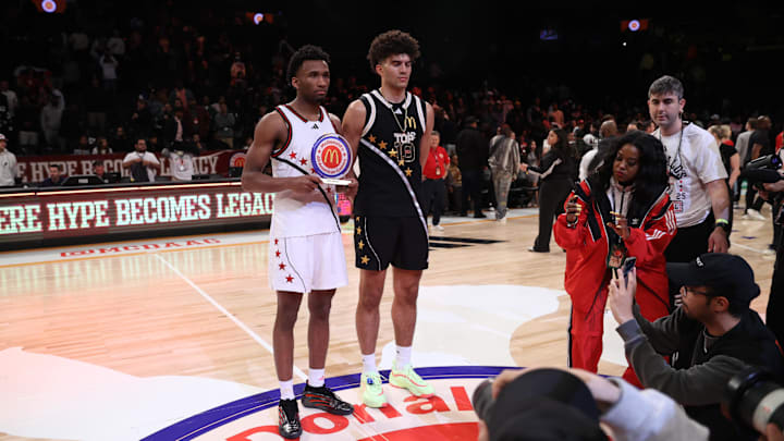 Apr 1, 2025; Brooklyn, NY, USA; McDonald's All American West guard Darryn Peterson (22) and McDonald's All American East forward Cameron Boozer (12) pose for photos after the game at Barclays Center. Mandatory Credit: Pamela Smith-Imagn Images Apr 1, 2025; Brooklyn, NY, USA; McDonald's All American West guard Darryn Peterson (22) and McDonald's All American East forward Cameron Boozer (12) pose for photos after the game at Barclays Center. Mandatory Credit: Pamela Smith-Imagn Images