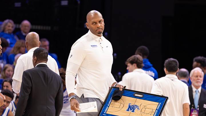 Feb 22, 2026; Memphis, Tennessee, USA; Memphis basketball Head Coach Penny Hardaway looks on during the first half against the UAB Blazers at FedExForum.