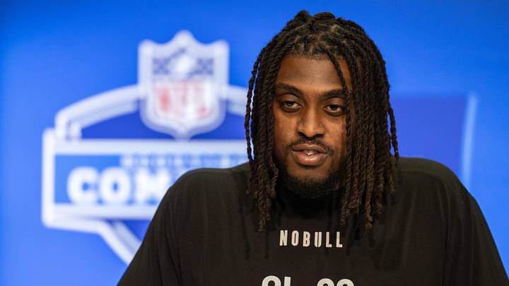 Mar 2, 2024; Indianapolis, IN, USA; Missouri offensive lineman Javon Foster (OL22) talks to the media during the 2024 NFL Combine at Lucas Oil Stadium. Mandatory Credit: Trevor Ruszkowski-Imagn Images