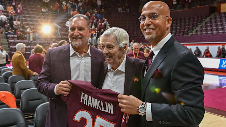 Nov 19, 2025; Blacksburg, VA, USA;  Bud Foster, Frank Beamer and James Franklin after the press conference at Cassell Coliseum. Mandatory Credit: Brian Bishop-Imagn Images