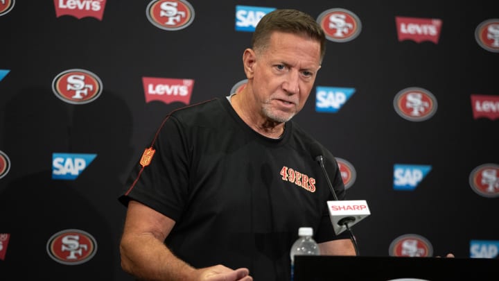 Jul 26, 2024; Santa Clara, CA, USA; San Francisco 49ers run game coordinator Chris Foerster talks to the press during Day 4 of training camp at SAP Performance Facility. Mandatory Credit: D. Ross Cameron-USA TODAY Sports Jul 26, 2024; Santa Clara, CA, USA; San Francisco 49ers run game coordinator Chris Foerster talks to the press during Day 4 of training camp at SAP Performance Facility. Mandatory Credit: D. Ross Cameron-USA TODAY Sports