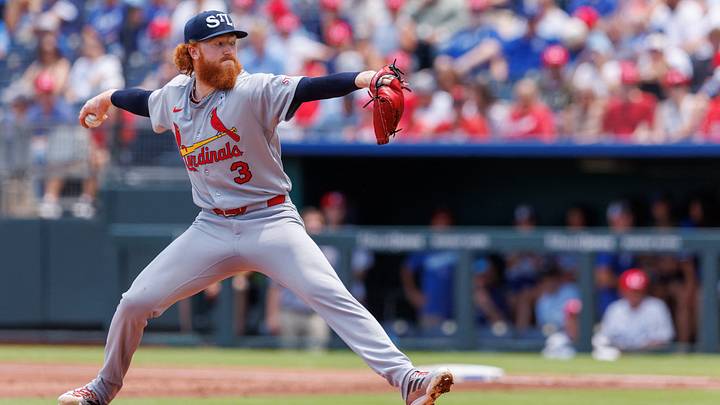 Jun 21, 2026; Kansas City, Missouri, USA; St. Louis Cardinals pitcher Dustin May (3) pitches during the first inning against the Kansas City Royals at Kauffman Stadium. Mandatory Credit: William Purnell-Imagn Images Jun 21, 2026; Kansas City, Missouri, USA; St. Louis Cardinals pitcher Dustin May (3) pitches during the first inning against the Kansas City Royals at Kauffman Stadium. Mandatory Credit: William Purnell-Imagn Images