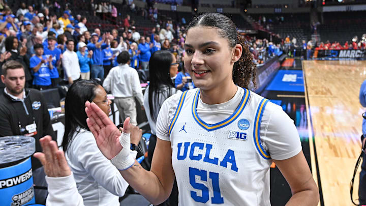 Mar 28, 2025; Spokane, WA, USA; UCLA Bruins center Lauren Betts (51) walks off the court during a Sweet 16 NCAA Tournament basketball game against the Ole Miss Rebels at Spokane Arena. at Spokane Arena. Mandatory Credit: James Snook-Imagn Images Mar 28, 2025; Spokane, WA, USA; UCLA Bruins center Lauren Betts (51) walks off the court during a Sweet 16 NCAA Tournament basketball game against the Ole Miss Rebels at Spokane Arena. at Spokane Arena. Mandatory Credit: James Snook-Imagn Images