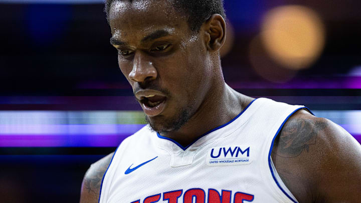 Apr 9, 2024; Philadelphia, Pennsylvania, USA; Detroit Pistons center Jalen Duren (0) looks on during a break in the second quarter against the Philadelphia 76ers at Wells Fargo Center. Mandatory Credit: Bill Streicher-USA TODAY Sports
