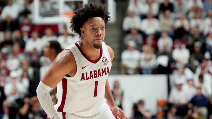 Feb 22, 2025; Tuscaloosa, AL, USA; Alabama guard Mark Sears (1) gets an intense look on his face after hitting a three pointer against Kentucky at Coleman Coliseum. Mandatory Credit: Gary Cosby Jr.-Tuscaloosa News Feb 22, 2025; Tuscaloosa, AL, USA; Alabama guard Mark Sears (1) gets an intense look on his face after hitting a three pointer against Kentucky at Coleman Coliseum. Mandatory Credit: Gary Cosby Jr.-Tuscaloosa News