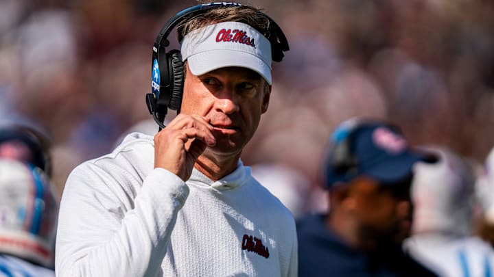 Ole Miss head coach Lane Kiffin walks off the field during a college football game between Mississippi State and Ole Miss at Davis Wade Stadium in Starkville, Miss., on Friday, Nov. 28, 2025. The Egg Bowl game marks the 122nd meeting between the two teams.