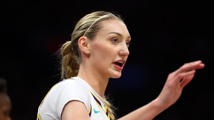 Sep 9, 2025; Phoenix, Arizona, USA; Los Angeles Sparks forward Cameron Brink (22) against the Phoenix Mercury during a WNBA game at PHX Arena. Mandatory Credit: Mark J. Rebilas-Imagn Images