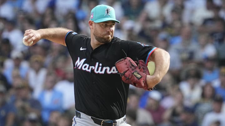 Jul 25, 2025; Milwaukee, Wisconsin, USA; Miami Marlins pitcher Anthony Bender (37) delivers a pitch against the Milwaukee Brewers in the seventh inning at American Family Field. Mandatory Credit: Michael McLoone-Imagn Images