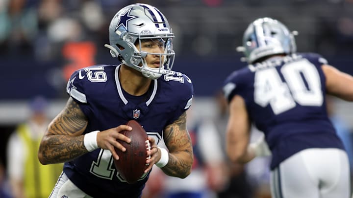 Jan 5, 2025; Arlington, Texas, USA; Dallas Cowboys quarterback Trey Lance (19) throws a pass against the Washington Commanders during the first quarter at AT&T Stadium. Mandatory Credit: Tim Heitman-Imagn Images