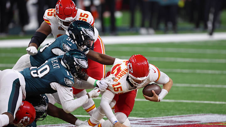 Josh Sweat gets to Patrick Mahomes for a sack in the Eagles' Super Bowl LIX win over the Chiefs.