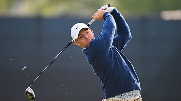Rory McIlroy tees off during a practice round ahead of the 2025 U.S. Open