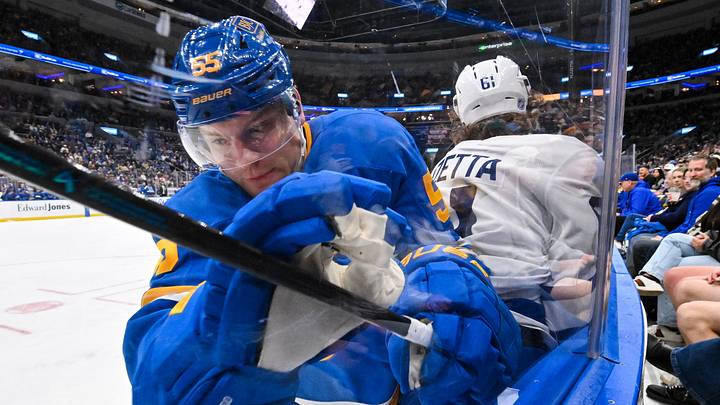Mar 28, 2026; St. Louis, Missouri, USA; St. Louis Blues defenseman Colton Parayko (55) checks Toronto Maple Leafs left wing Michael Pezzetta (61) during the first period at Enterprise Center. Mandatory Credit: Jeff Curry-Imagn Images Mar 28, 2026; St. Louis, Missouri, USA; St. Louis Blues defenseman Colton Parayko (55) checks Toronto Maple Leafs left wing Michael Pezzetta (61) during the first period at Enterprise Center. Mandatory Credit: Jeff Curry-Imagn Images