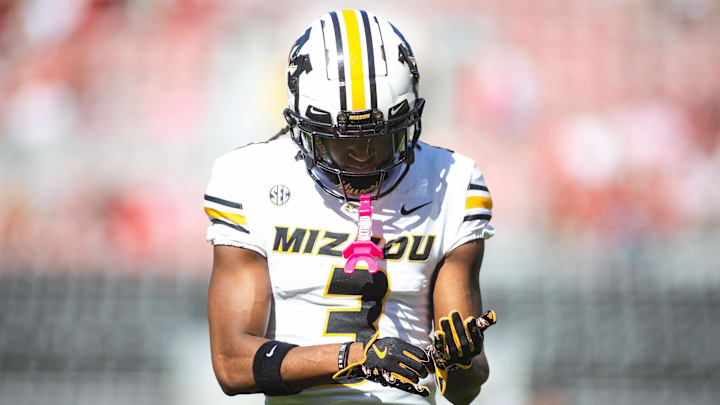 Oct 26, 2024; Tuscaloosa, Alabama, USA; Missouri Tigers wide receiver Luther Burden III (3) walks along the field during warmups before a game against the Alabama Crimson Tide at Bryant-Denny Stadium. Mandatory Credit: Will McLelland-Imagn Images