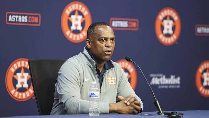 Aug 1, 2023; Houston, Texas, USA; Houston Astros general manager Dana Brown speaks with media before the game against the Cleveland Guardians at Minute Maid Park.