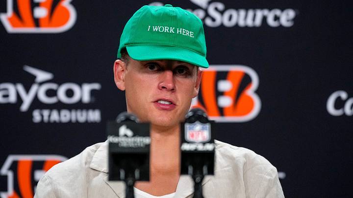 Cincinnati Bengals quarterback Joe Burrow (9) speaks in the post game press conference after the NFL Preseason game between the Cincinnati Bengals and the Detroit Lions at Paycor Stadium in Cincinnati on Thursday, Aug. 13, 2026. The Bengals won the preseason opener, 16-14.
