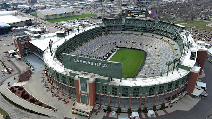 A general overall aerial view of Lambeau Field was taken before the 2025 NFL Draft.