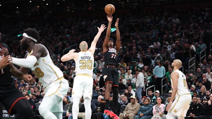 Mar 1, 2026; Boston, Massachusetts, USA; Philadelphia 76ers guard VJ Edgecombe (77) shoots defended by Boston Celtics forward Sam Hauser (30) during the first half at TD Garden. Mandatory Credit: Paul Rutherford-Imagn Images Mar 1, 2026; Boston, Massachusetts, USA; Philadelphia 76ers guard VJ Edgecombe (77) shoots defended by Boston Celtics forward Sam Hauser (30) during the first half at TD Garden. Mandatory Credit: Paul Rutherford-Imagn Images