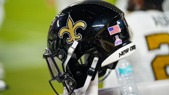 Oct 7, 2024; Kansas City, Missouri, USA; A general view of a New Orleans Saints helmet against the Kansas City Chiefs during the first half at GEHA Field at Arrowhead Stadium. Mandatory Credit: Denny Medley-Imagn Images