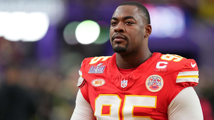 Feb 11, 2024; Paradise, Nevada, USA; Kansas City Chiefs defensive tackle Chris Jones (95) warms up