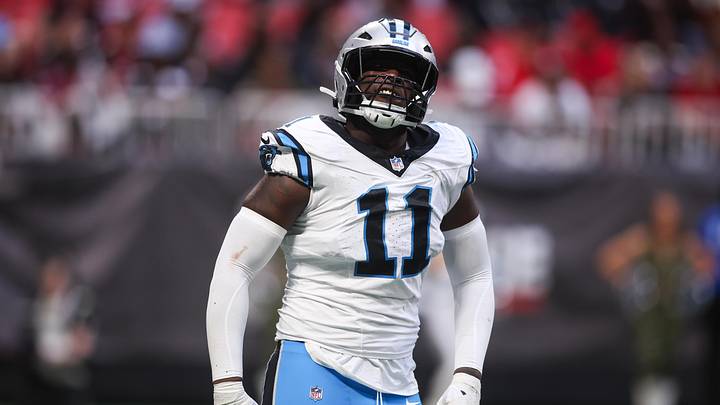Nov 16, 2025; Atlanta, Georgia, USA; Carolina Panthers outside linebacker Nic Scourton (11) reacts after a play in the fourth quarter against the Atlanta Falcons at Mercedes-Benz Stadium. Mandatory Credit: Brett Davis-Imagn Images Nov 16, 2025; Atlanta, Georgia, USA; Carolina Panthers outside linebacker Nic Scourton (11) reacts after a play in the fourth quarter against the Atlanta Falcons at Mercedes-Benz Stadium. Mandatory Credit: Brett Davis-Imagn Images