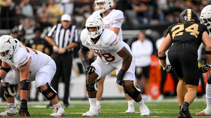 Oct 26, 2024; Nashville, Tennessee, USA; Texas Longhorns offensive lineman Kelvin Banks Jr. (78) against the Vanderbilt Commodores during the first half at FirstBank Stadium. Mandatory Credit: Steve Roberts-Imagn Images Oct 26, 2024; Nashville, Tennessee, USA; Texas Longhorns offensive lineman Kelvin Banks Jr. (78) against the Vanderbilt Commodores during the first half at FirstBank Stadium. Mandatory Credit: Steve Roberts-Imagn Images