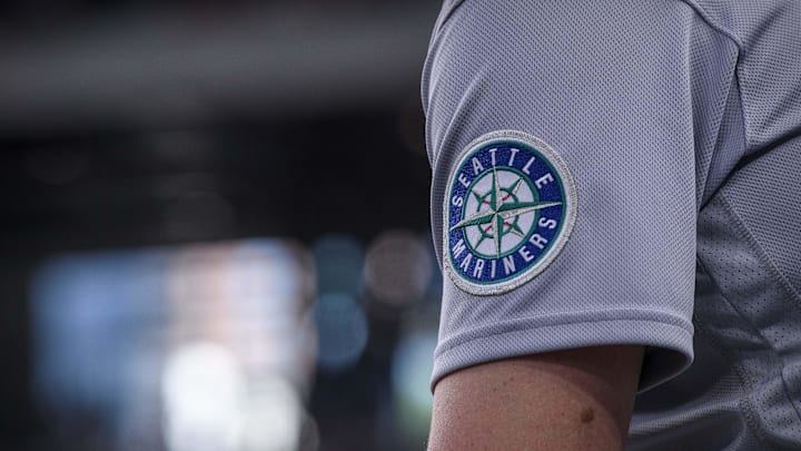 Jun 5, 2022; Arlington, Texas, USA; A view of the Seattle Mariners logo during the game between the Texas Rangers and the Seattle Mariners at Globe Life Field. Mandatory Credit: Jerome Miron-Imagn Images Jun 5, 2022; Arlington, Texas, USA; A view of the Seattle Mariners logo during the game between the Texas Rangers and the Seattle Mariners at Globe Life Field. Mandatory Credit: Jerome Miron-Imagn Images