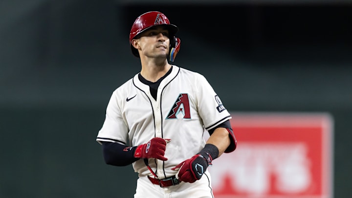 Jul 22, 2025; Phoenix, Arizona, USA; Arizona Diamondbacks outfielder Randal Grichuk against the Houston Astros at Chase Field. Mandatory Credit: Mark J. Rebilas-Imagn Images
